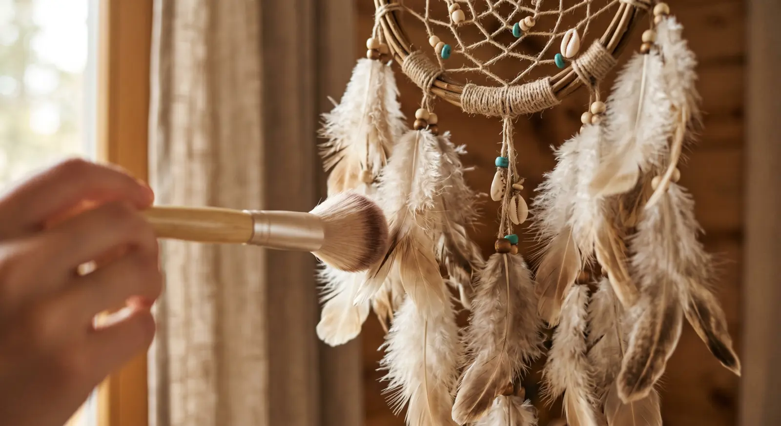 Plumeau doux utilisé délicatement sur les plumes d'un attrape-rêves bohème pour le dépoussiérage
