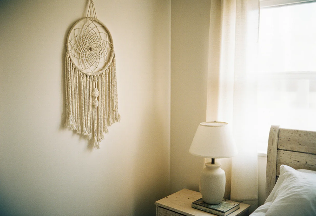 Attrape-rêves en macramé accroché au-dessus d'une table de chevet en bois clair, dans un coin de chambre baigné de lumière naturelle