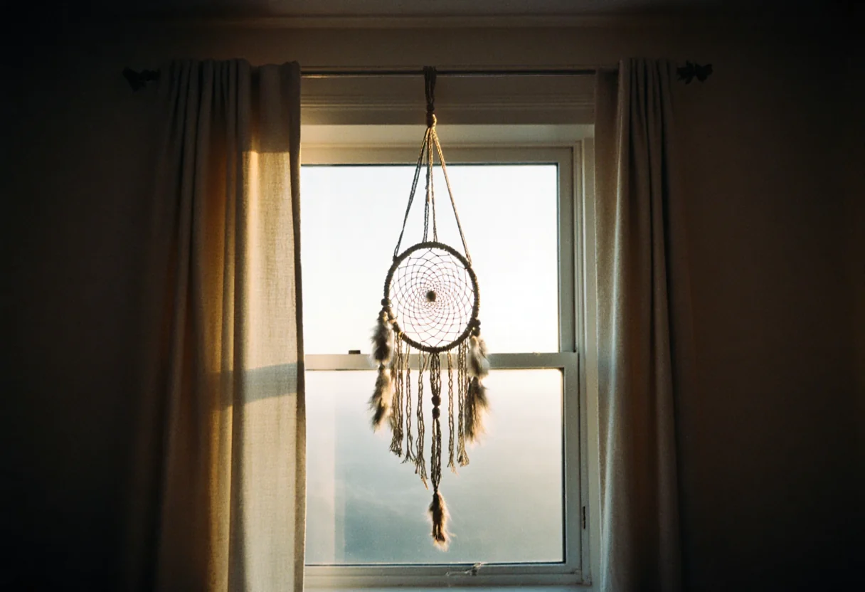 Attrape-rêves en macramé à contre-jour devant une fenêtre de chambre à l'aube, la toile tissée traversée par la lumière