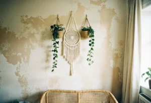 Composition murale bohème avec un attrape-rêves en macramé, des plantes retombantes et un panier tressé, dans un salon clair