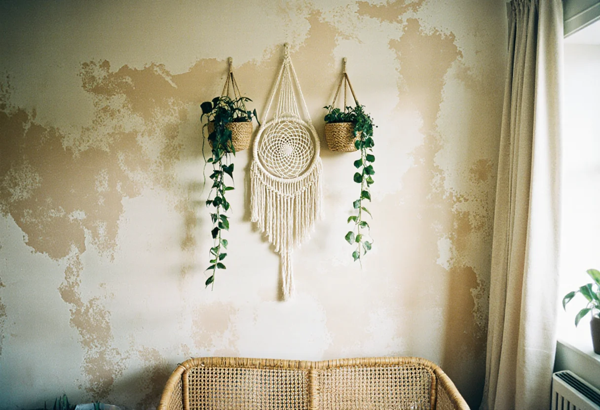 Composition murale bohème avec un attrape-rêves en macramé, des plantes retombantes et un panier tressé, dans un salon clair