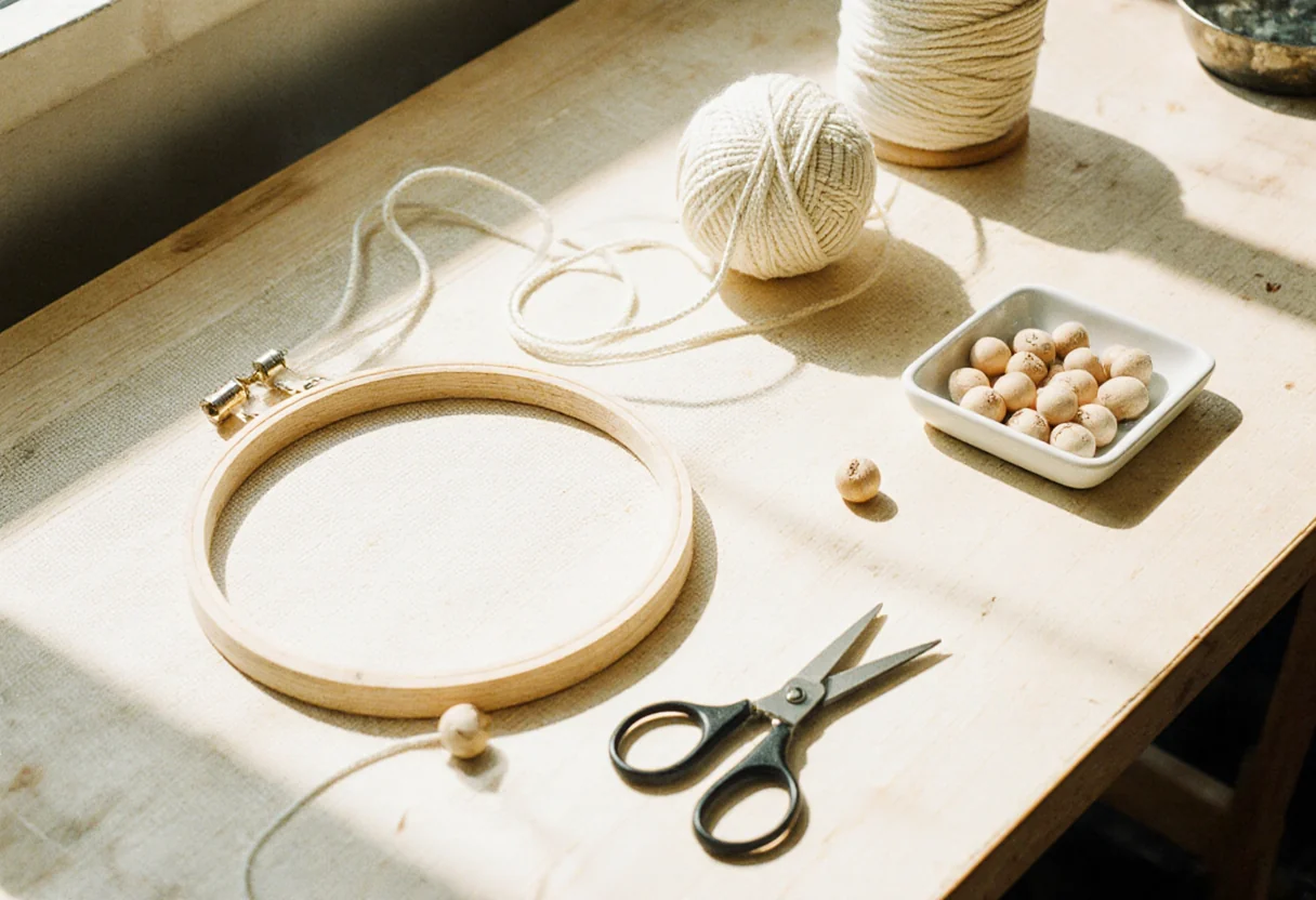 Établi vu de dessus avec un cerceau en bois nu, une pelote de coton écru, des ciseaux et des perles de bois, prêt pour fabriquer un attrape-rêves