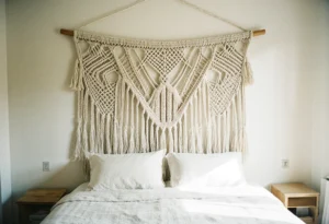 Grand attrape-rêves mural en macramé de plus d'un mètre, accroché au-dessus d'un lit habillé de lin, dans une chambre aux tons sable