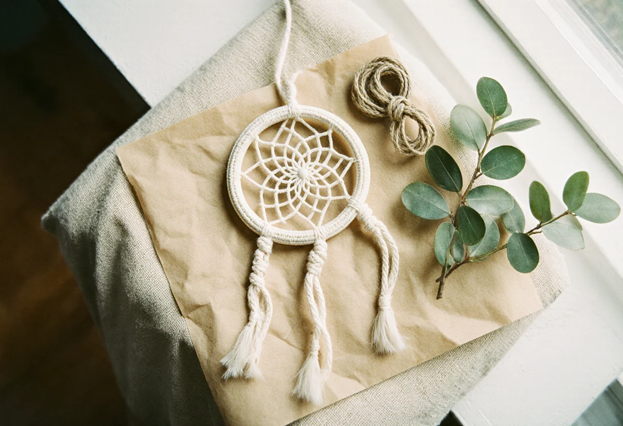 Petit attrape-rêves en macramé posé sur du papier kraft avec une ficelle naturelle et un brin d'eucalyptus, prêt à offrir