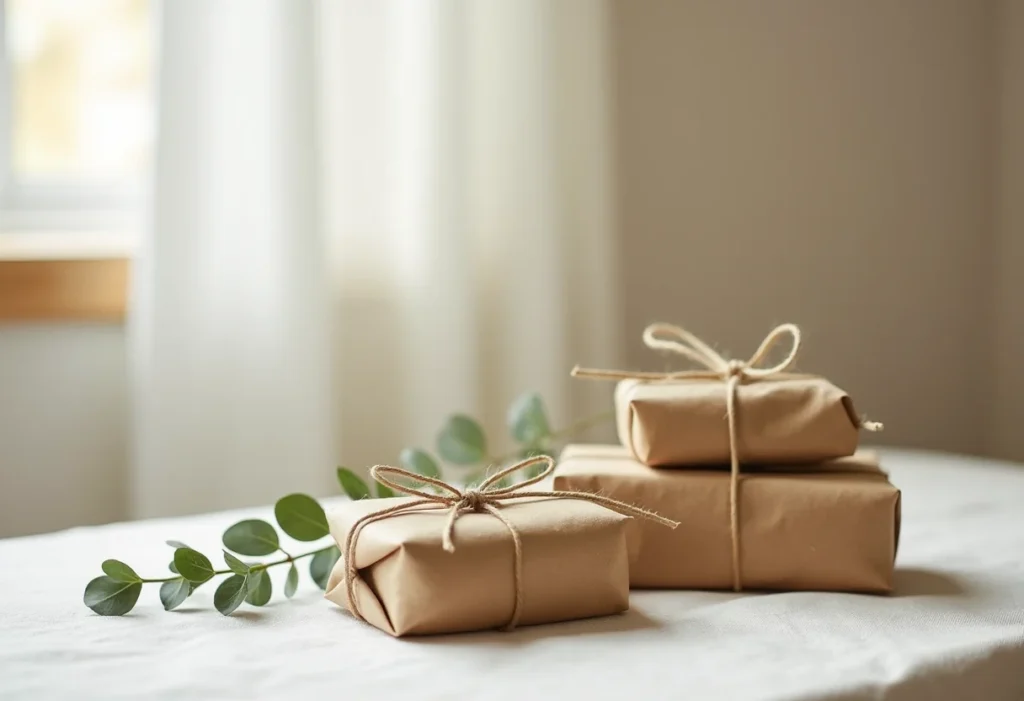 Trois petits paquets en papier kraft noués de ficelle naturelle, avec un brin d'eucalyptus glissé sous l'une des ficelles