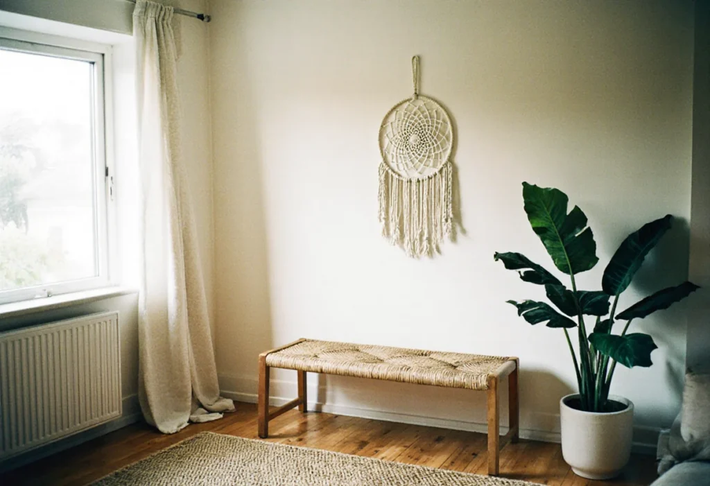 Salon lumineux avec un attrape-rêves en macramé accroché au-dessus d'un banc en rotin, tapis en jute et grande plante