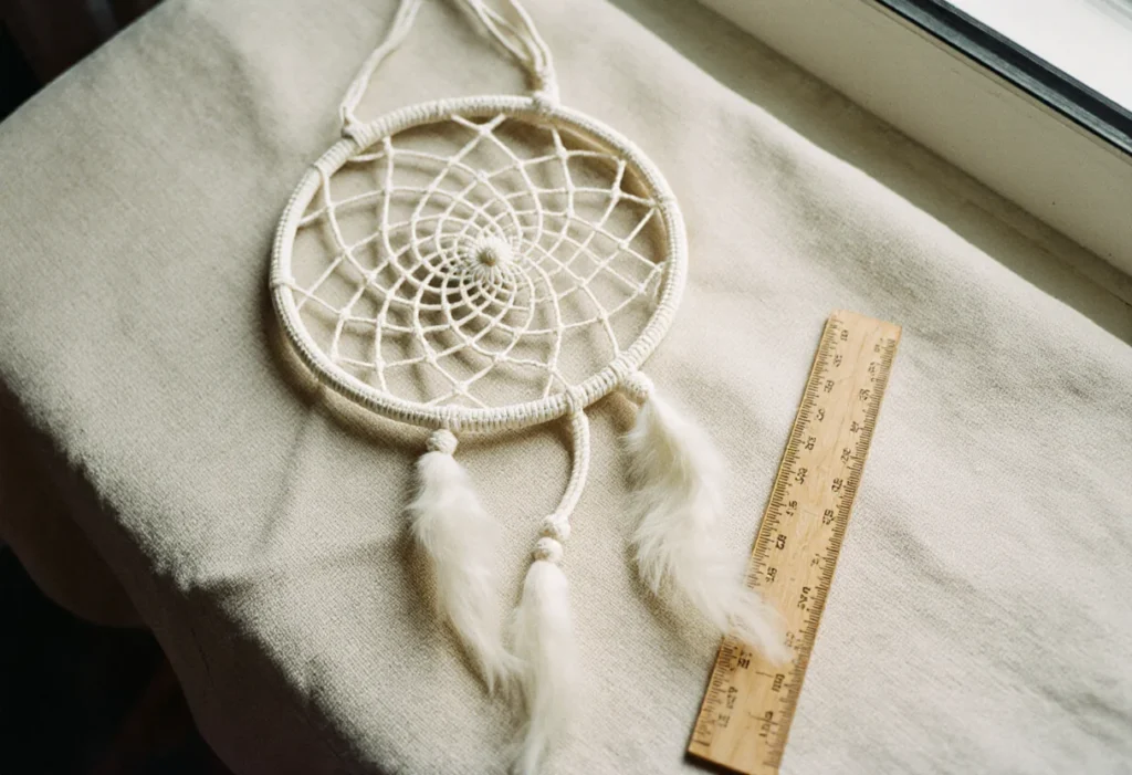 Attrape-rêves en macramé posé à plat sur du lin à côté d'un mètre pliant en bois, pour en juger la taille