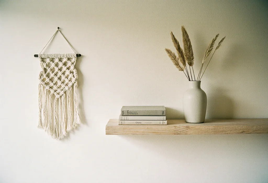 Étagère en bois clair décorée d'une petite suspension en macramé, de livres et d'un vase de fleurs séchées