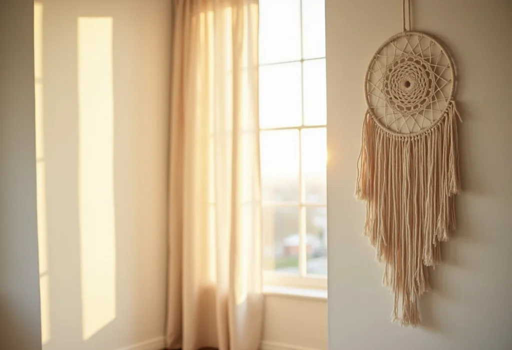 Attrape-rêves en macramé de coton écru accroché près d'une fenêtre, la lumière dorée du matin traversant sa toile tissée et ses franges