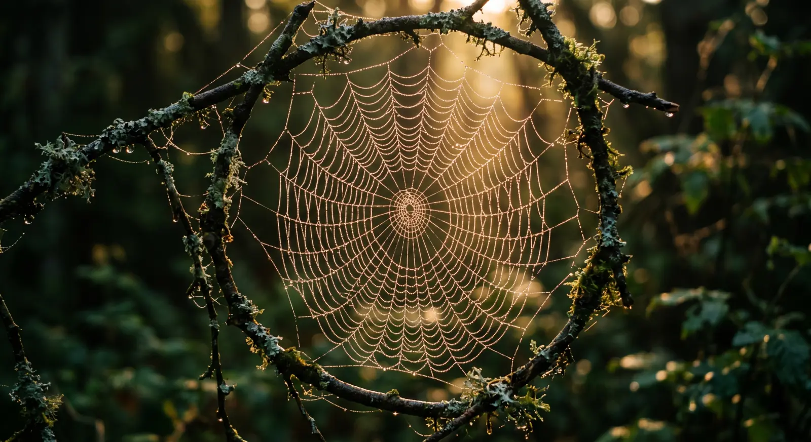 Toile d'araignée naturelle scintillante de rosée au lever du soleil, évoquant la légende fondatrice de l'attrape-rêves