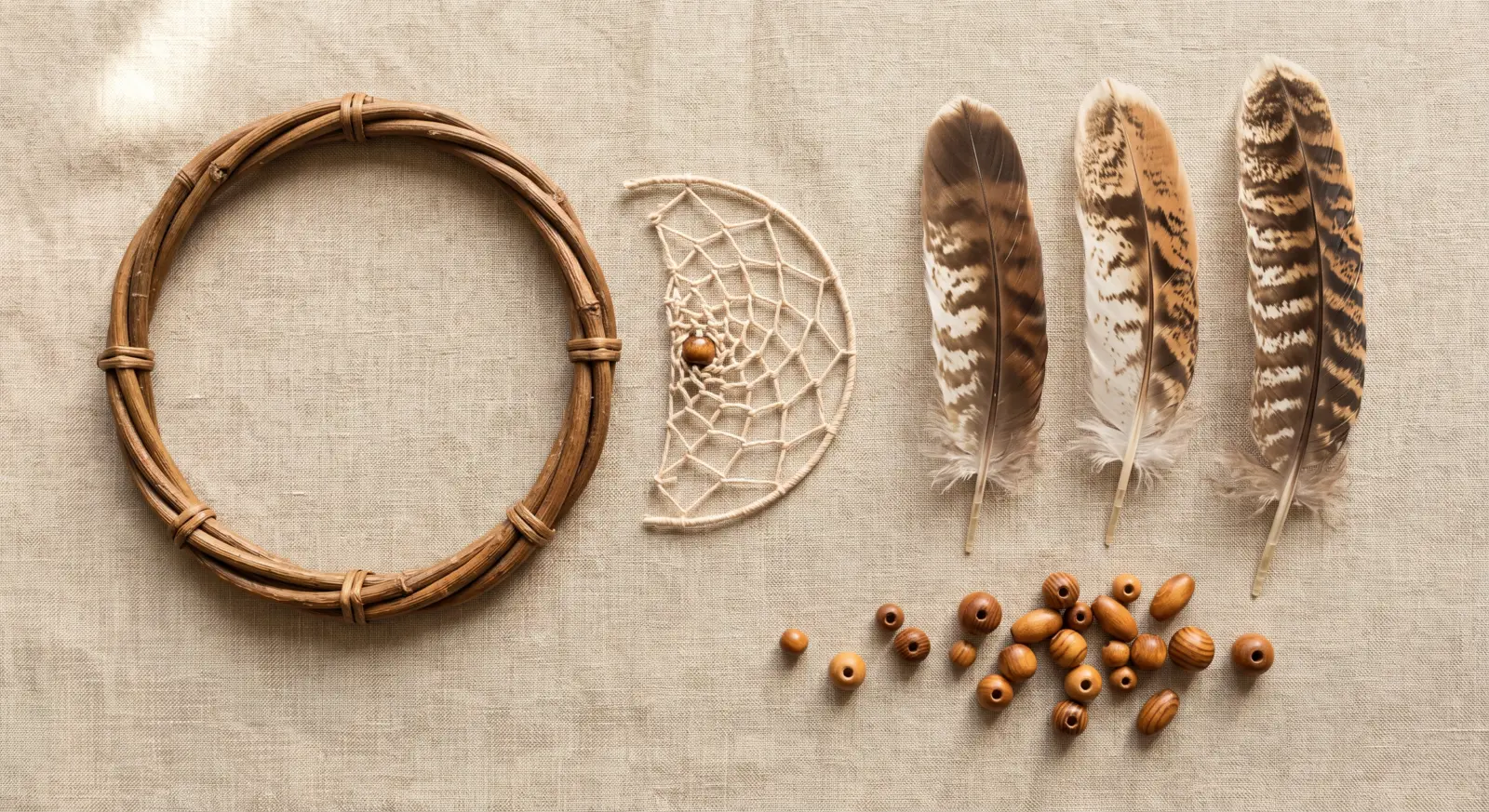 Détail des composants symboliques d'un attrape-rêves : cerceau saule, toile tissée, plumes d'oiseau et perles en bois naturel
