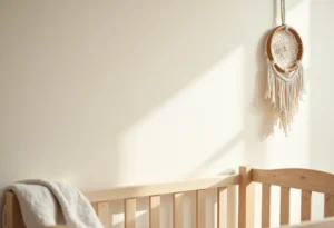 Petit attrape-rêves en macramé accroché haut sur le mur d'une chambre de bébé, bien au-dessus d'un berceau en bois clair