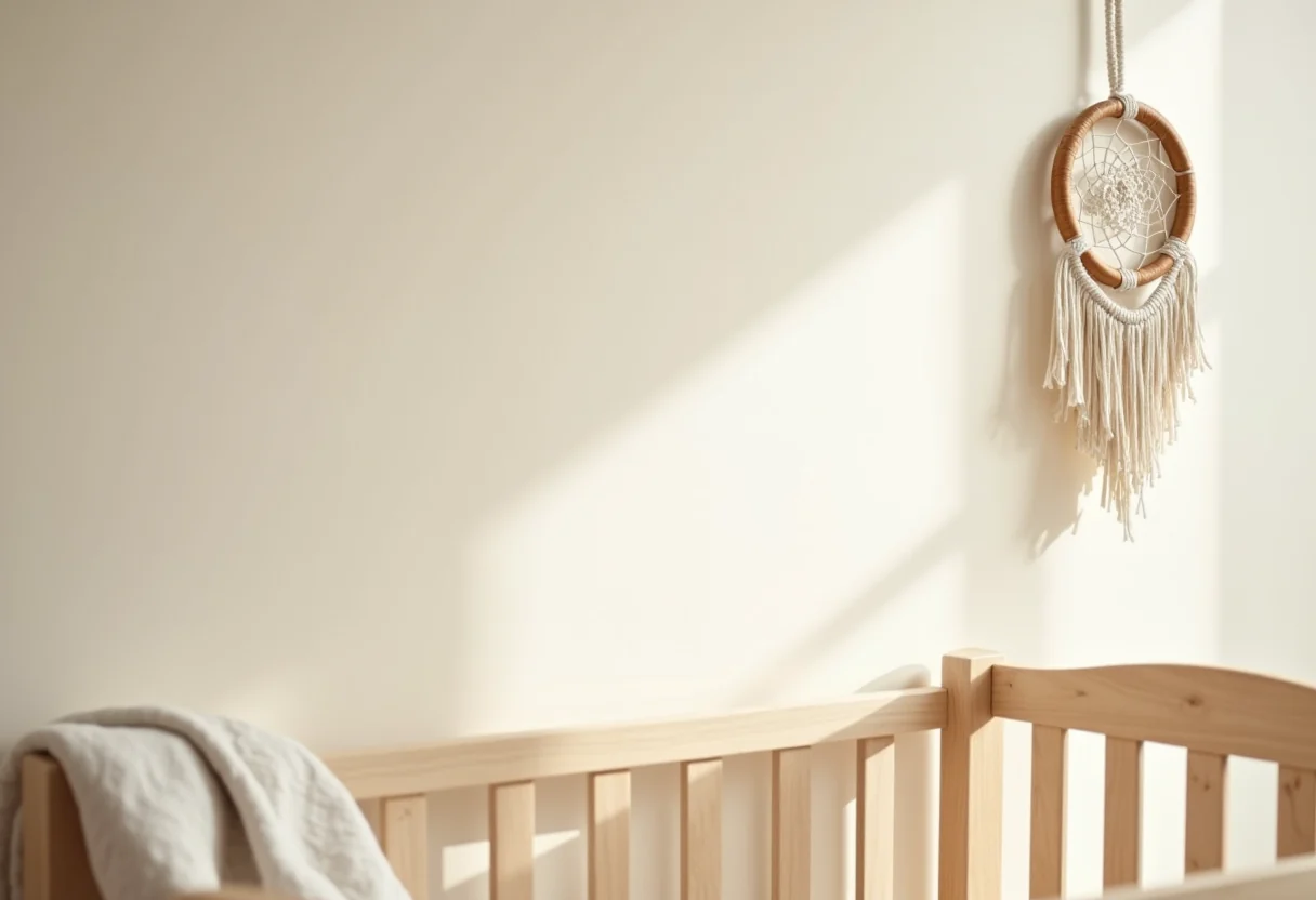 Petit attrape-rêves en macramé accroché haut sur le mur d'une chambre de bébé, bien au-dessus d'un berceau en bois clair