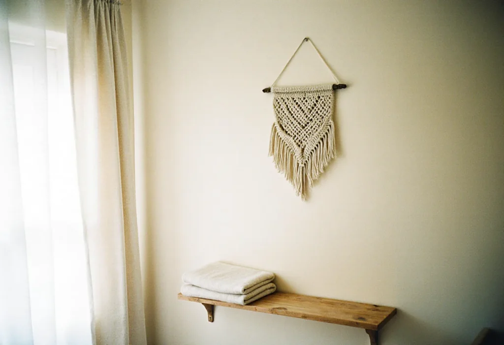 Mur de chambre d'enfant avec une étagère basse et une petite suspension en macramé accrochée haut, hors de portée