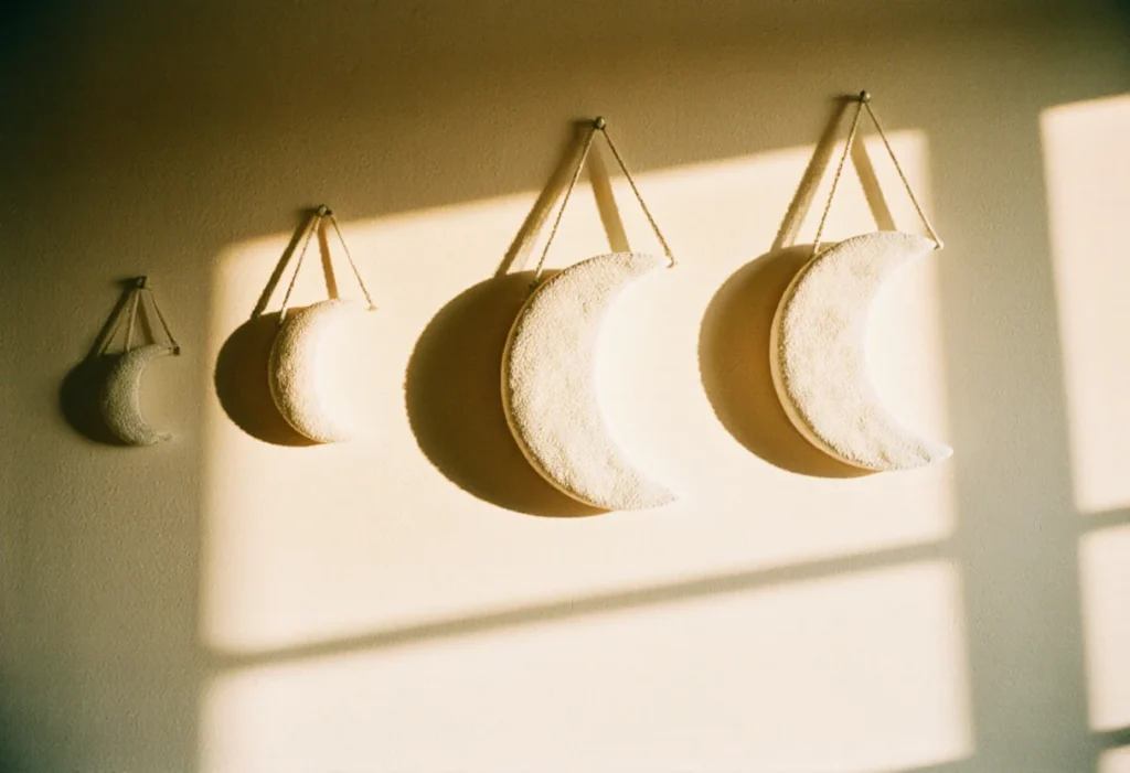 Trois croissants de lune en coton écru de tailles croissantes, alignés sur un mur beige comme les phases de la lune