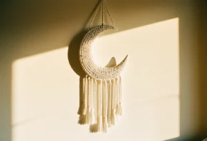 Suspension murale en macramé en forme de croissant de lune à franges tombantes, sur un mur beige dans la lumière basse du soir