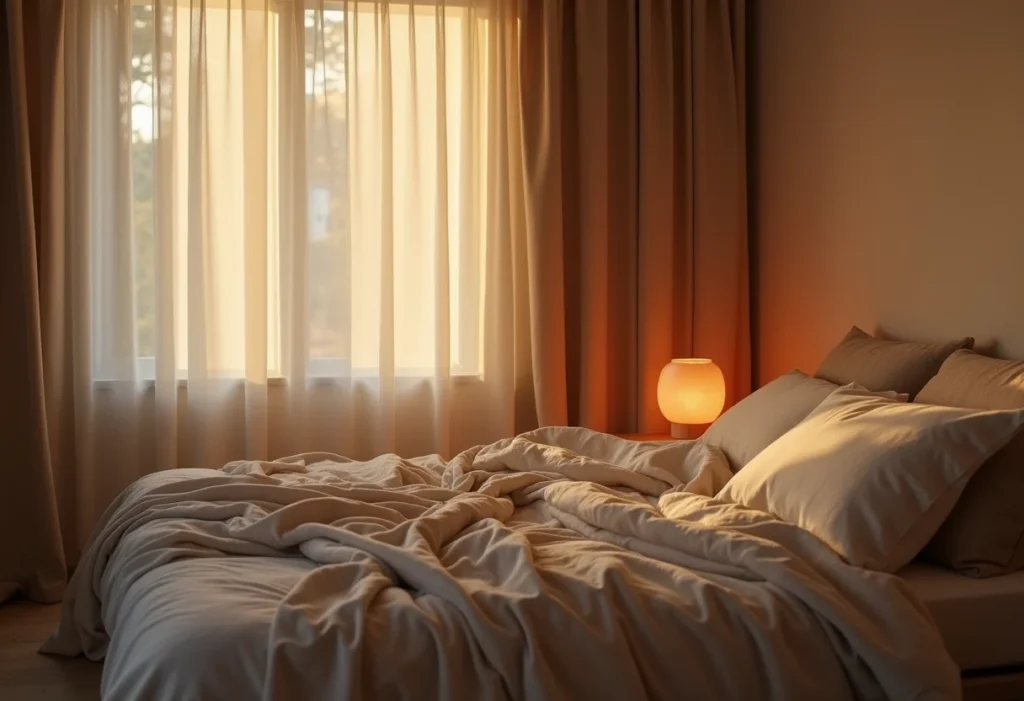 Chambre à la tombée du jour, rideau tiré et lit en lin défait, éclairée par la seule lueur chaude d'une petite lampe