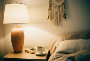 Table de chevet le soir : lampe à lumière chaude, livre ouvert, tisane, et un attrape-rêves flou sur le mur en arrière-plan