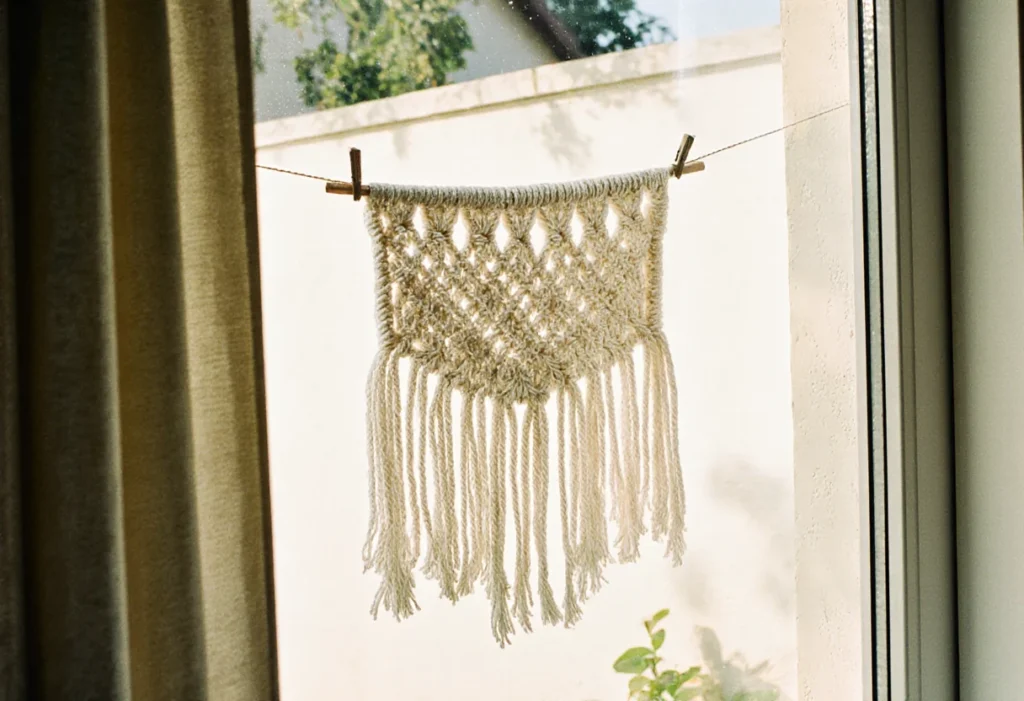 Suspension en macramé de coton écru étendue dehors pour être aérée, ses franges soulevées par la brise