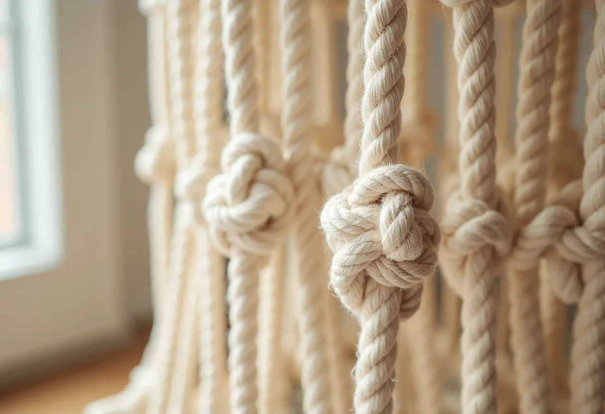 Gros plan sur des nœuds de macramé en coton écru, la torsion des fibres révélée par une lumière rasante