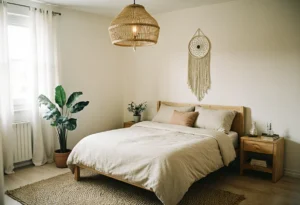Chambre bohème complète : literie en lin sable, suspension en rotin, plante en pot et grand attrape-rêves en macramé au-dessus du lit