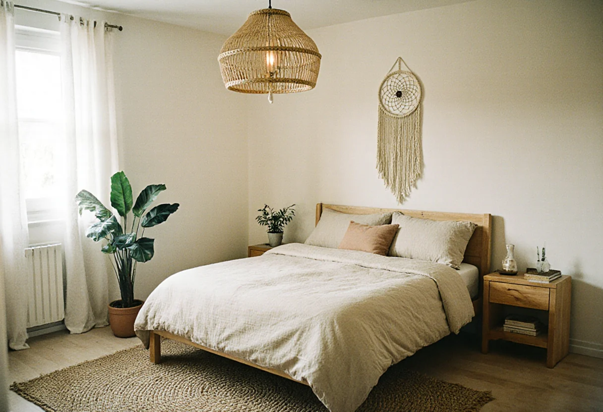 Chambre bohème complète : literie en lin sable, suspension en rotin, plante en pot et grand attrape-rêves en macramé au-dessus du lit