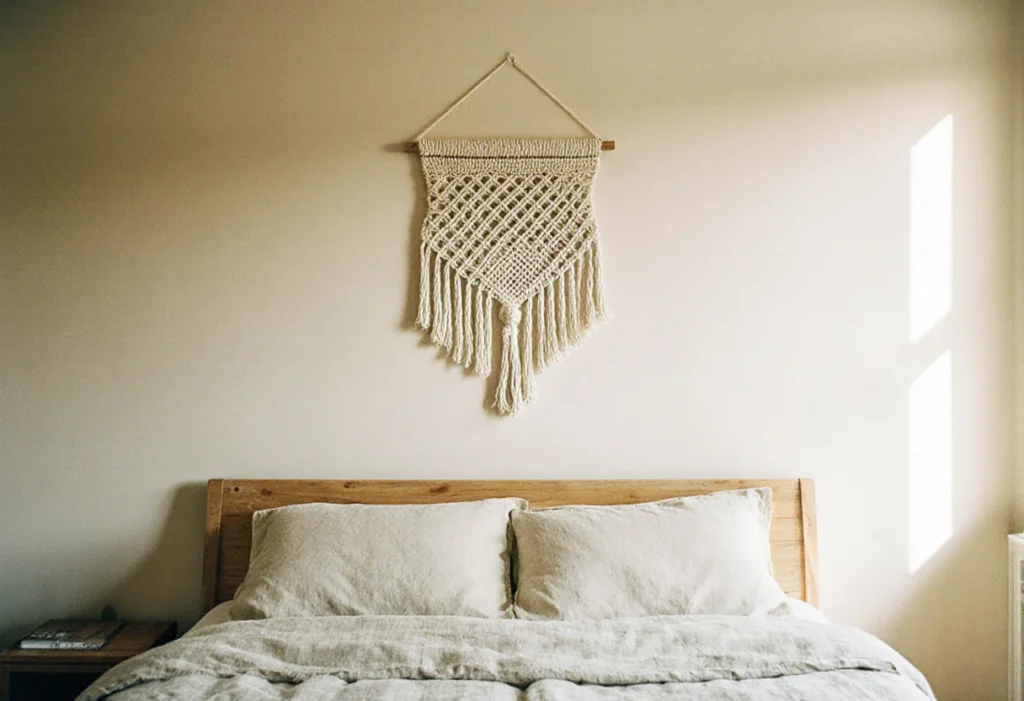 Mur beige au-dessus d'un lit en lin, orné d'une seule grande suspension murale en macramé centrée