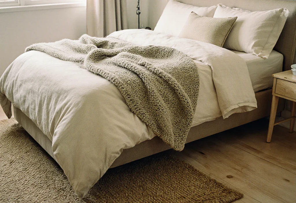 Superposition de textiles dans une chambre : plaid en grosse maille sur des draps de lin froissés, coussin bouclette et bord de tapis en jute
