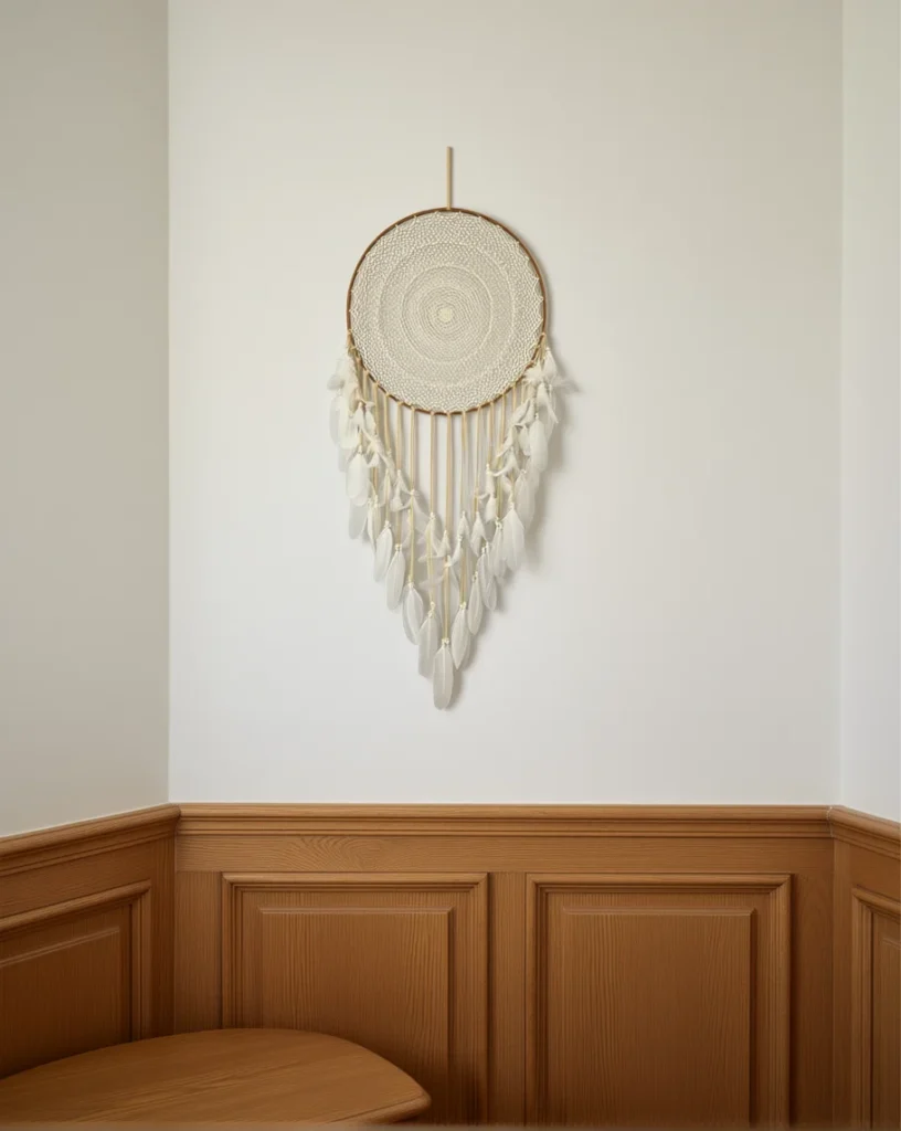 Attrape-Rêves Crochet et Plumes accroché dans une chambre en bois clair