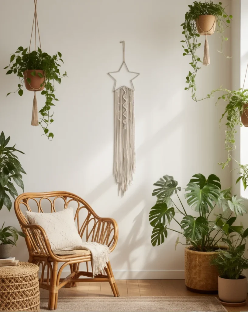 Attrape-Rêves Étoile Macramé accroché dans un salon aux meubles en rotin