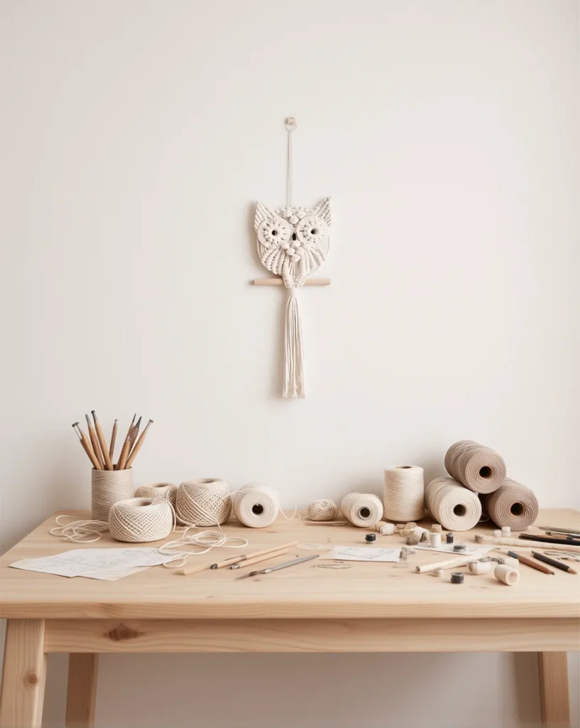 Attrape-Rêves Hibou Macramé, petit format 40 cm présenté dans un atelier de décoration