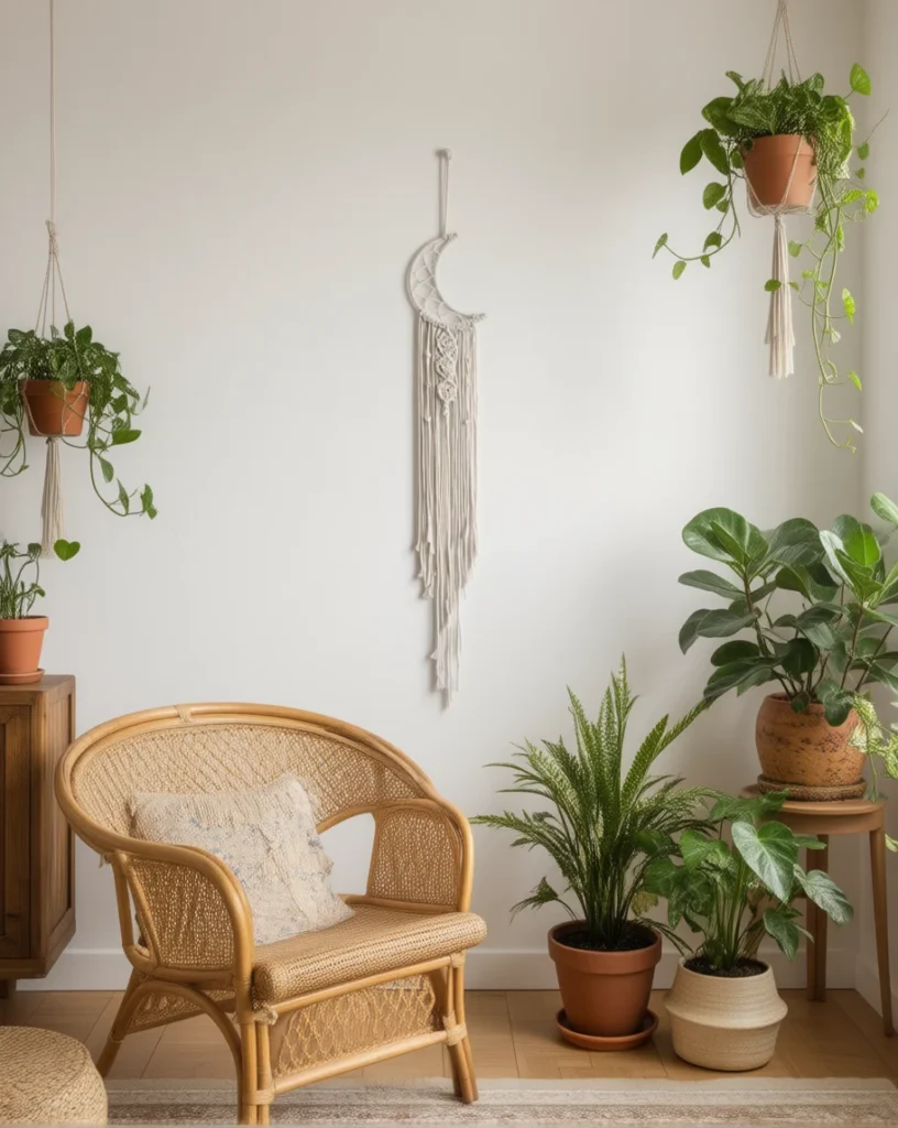 Attrape-Rêves Lune Macramé accroché dans un salon aux meubles en rotin