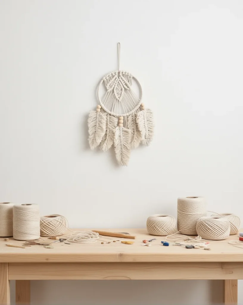 Attrape-Rêves Macramé Blanc présenté dans un atelier de décoration