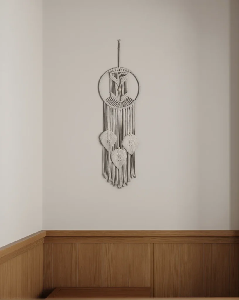 Attrape-Rêves Macramé Nordique accroché dans une chambre en bois clair