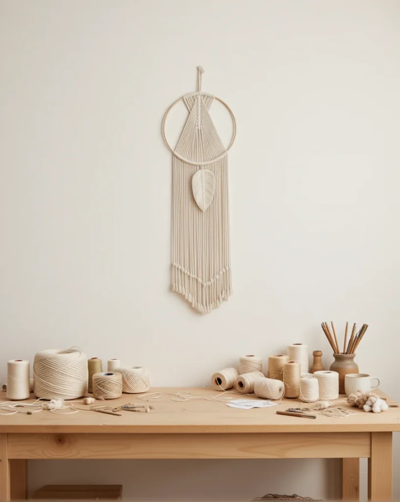 Suspension Murale Macramé Feuille présenté dans un atelier de décoration