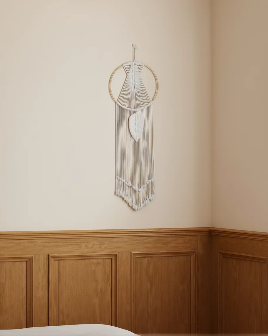 Suspension Murale Macramé Feuille accroché dans une chambre en bois clair