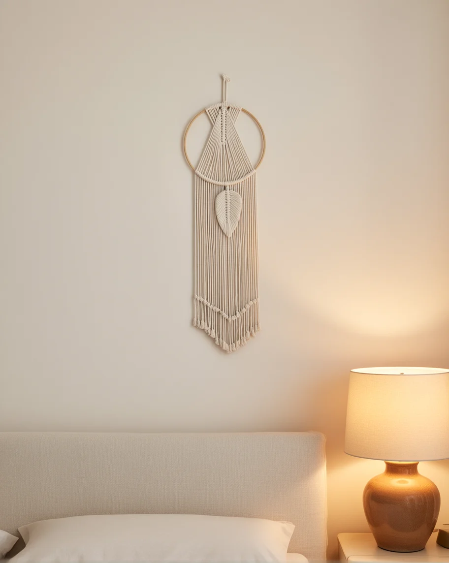 Suspension Murale Macramé Feuille accroché dans une chambre aux tons lin