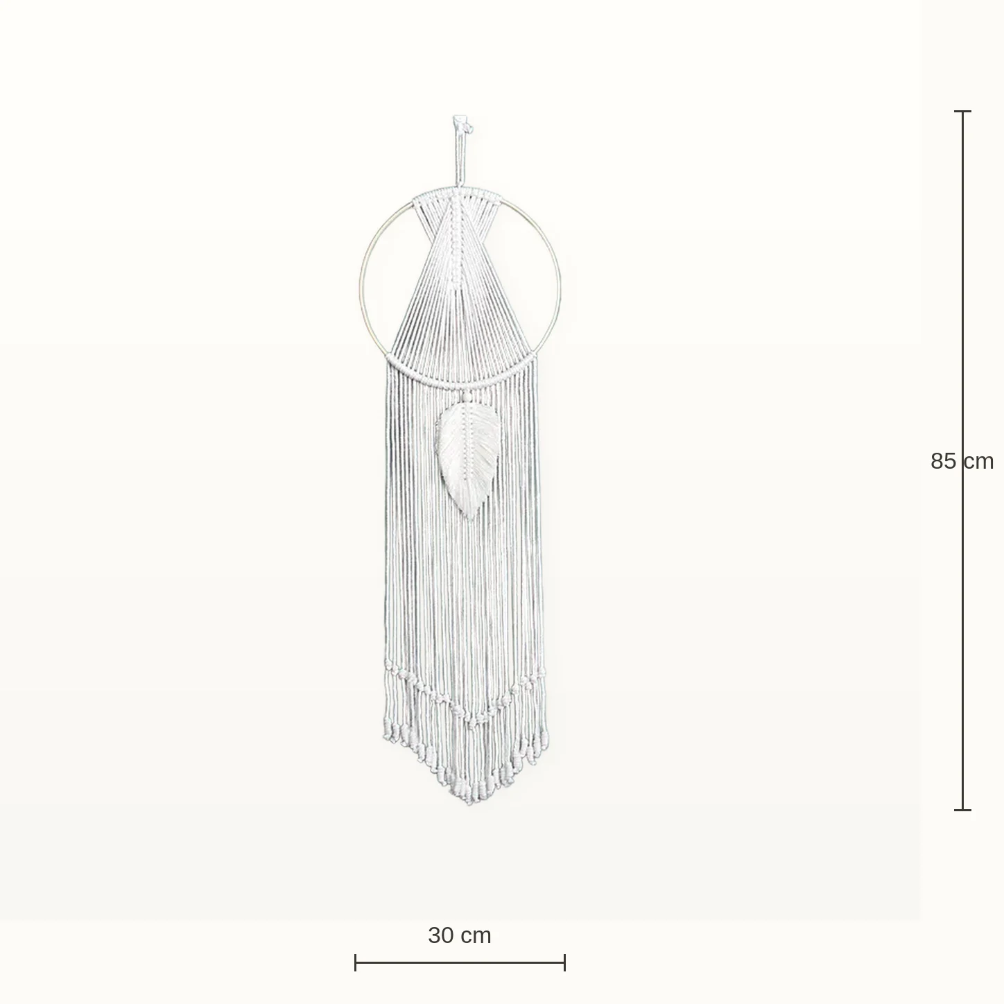 Suspension Murale Macramé Feuille : schéma des dimensions, hauteur et largeur en centimètres