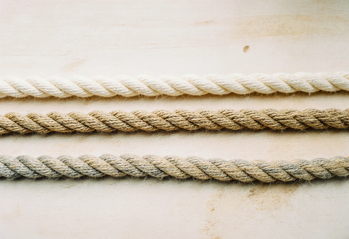 Trois cordes torsadées parallèles sur un plan de bois clair : coton écru, jute doré et chanvre beige grisé